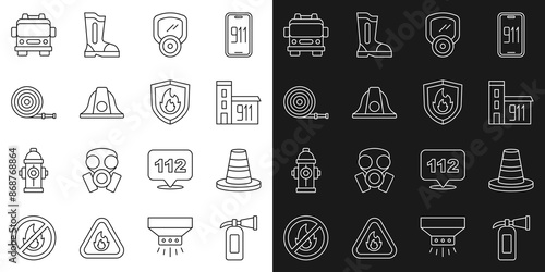 Set line Fire extinguisher, Traffic cone, Building of fire station, Gas mask, Firefighter helmet, hose reel, truck and protection shield icon. Vector
