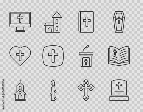 Set line Church building, Grave with tombstone, Holy bible book, Burning candle, Christian cross monitor, and icon. Vector