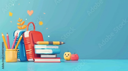 Colorful school supplies and books on a blue background with fun icons. © Matthew