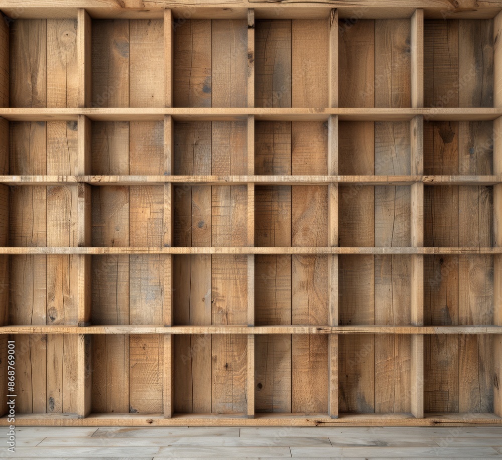Empty wooden bookshelf with a grid-like structure, displaying natural wood grain and texture, perfect for rustic or vintage interior designs. Empty wooden bookshelf with a grid-like structure, displaying natural wood grain and texture, perfect for rustic or vintage interior designs.