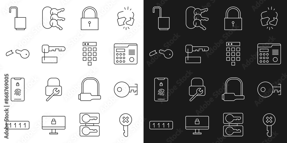 Set line Wrong key, Key, House intercom system, Lock, Marked, Broken, Open padlock and Password protection icon. Vector Set line Wrong key, Key, House intercom system, Lock, Marked, Broken, Open padlock and Password protection icon. Vector