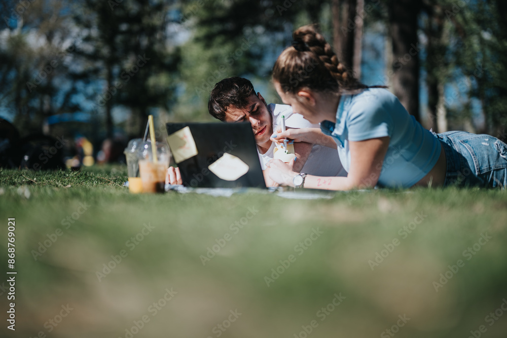A pair of students, likely in college, share notes while studying outside on a bright day. A pair of students, likely in college, share notes while studying outside on a bright day.