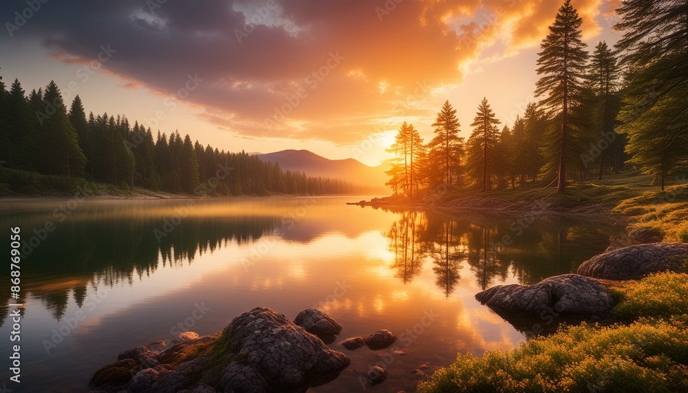 Sunset over a tranquil lake Sunset over a tranquil lake