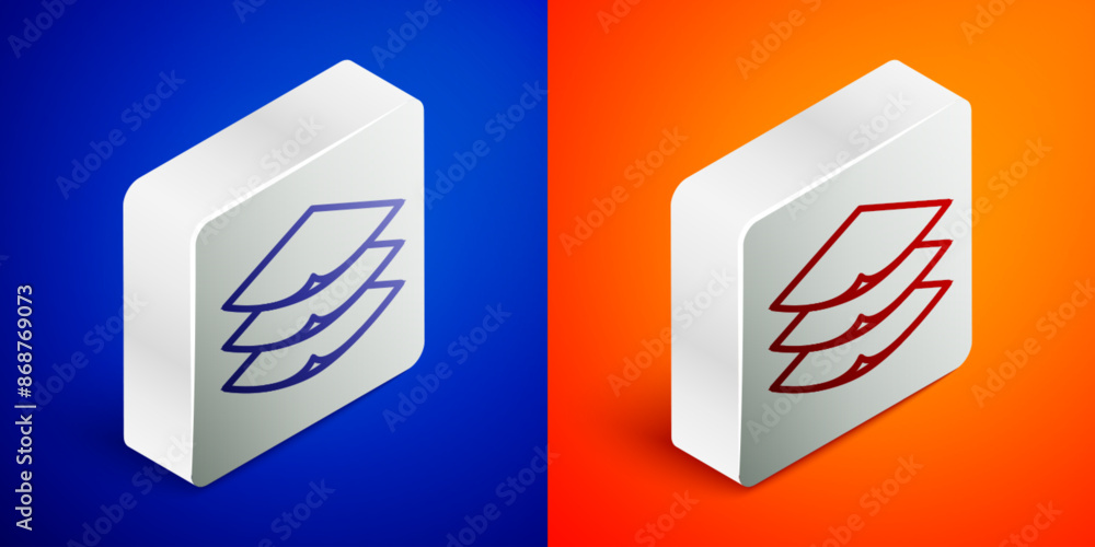 Isometric line Layers clothing textile icon isolated on blue and orange background. Element of fabric features. Silver square button. Vector Isometric line Layers clothing textile icon isolated on blue and orange background. Element of fabric features. Silver square button. Vector
