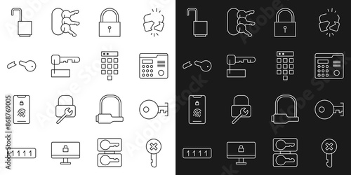 Set line Wrong key, Key, House intercom system, Lock, Marked, Broken, Open padlock and Password protection icon. Vector