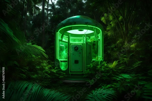 Neon glowing green airlock hatch surrounded by tropical trees photo