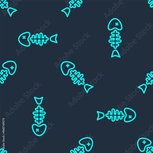 Green line Fish skeleton icon isolated seamless pattern on blue background. Fish bone sign. Vector