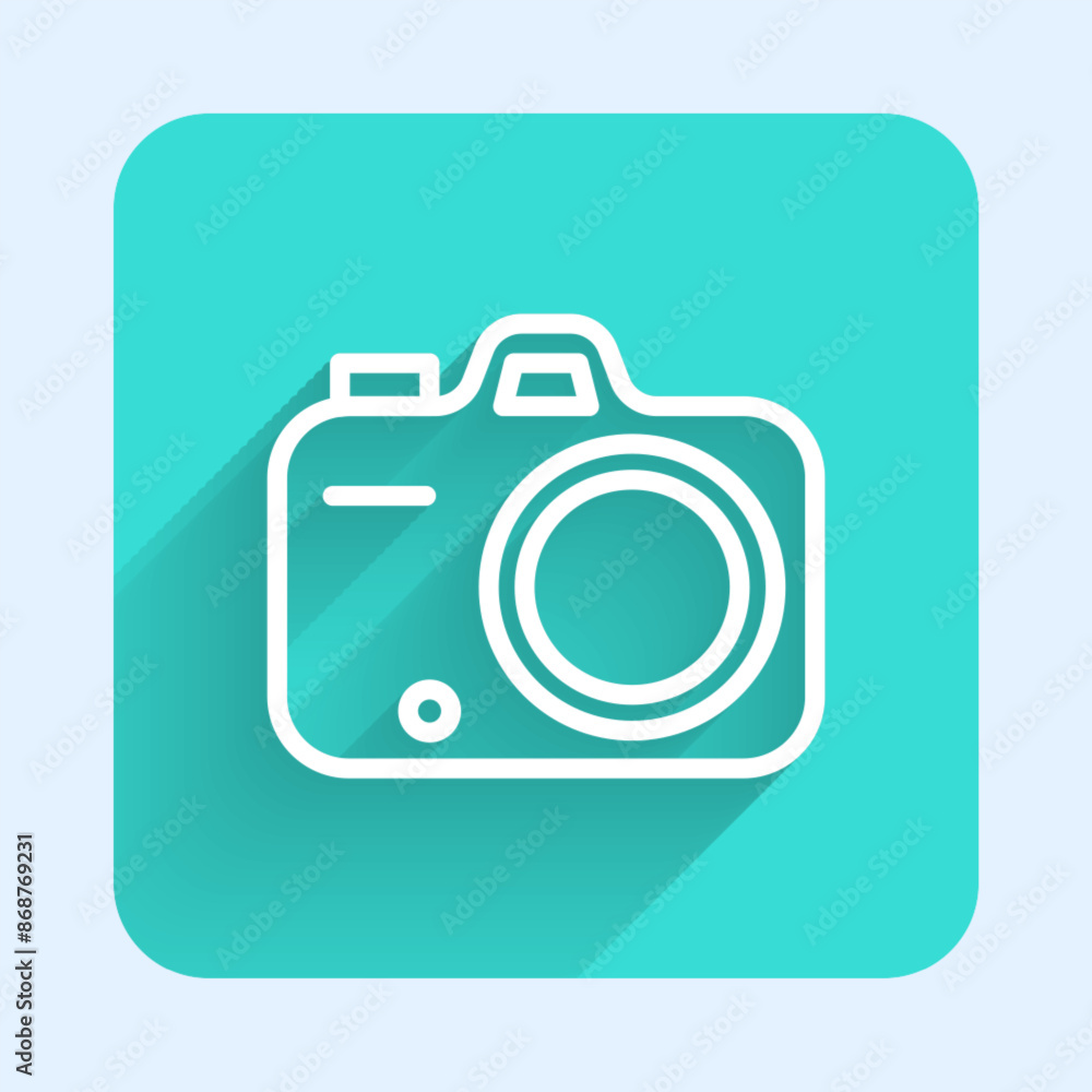 White line Photo camera icon isolated with long shadow background. Foto camera. Digital photography. Green square button. Vector White line Photo camera icon isolated with long shadow background. Foto camera. Digital photography. Green square button. Vector