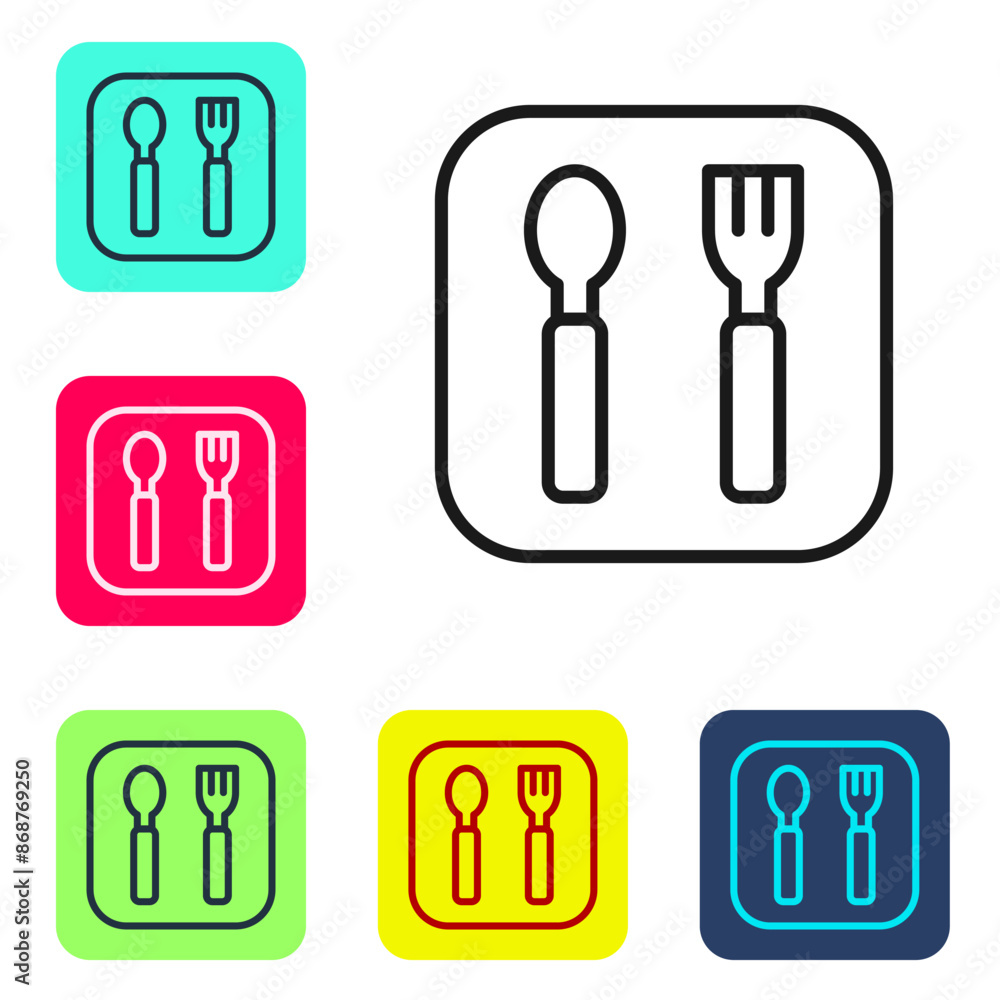 Black line Fork and spoon icon isolated on white background. Cooking utensil. Cutlery sign. Set icons in color square buttons. Vector Black line Fork and spoon icon isolated on white background. Cooking utensil. Cutlery sign. Set icons in color square buttons. Vector