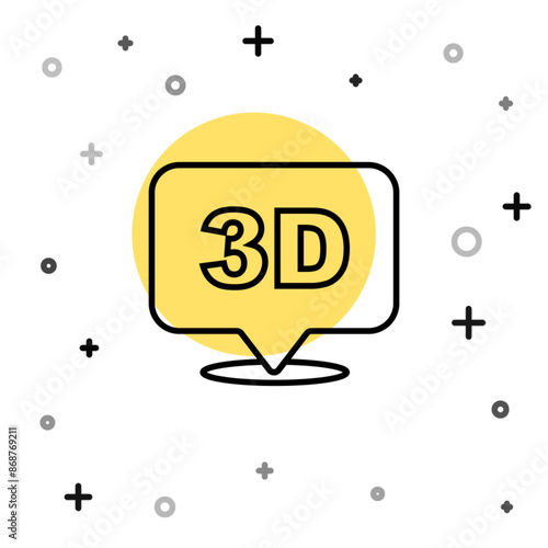 Black line 3D word icon isolated on white background. Random dynamic shapes. Vector