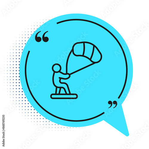 Black line Kitesurfing icon isolated on white background. Blue speech bubble symbol. Vector