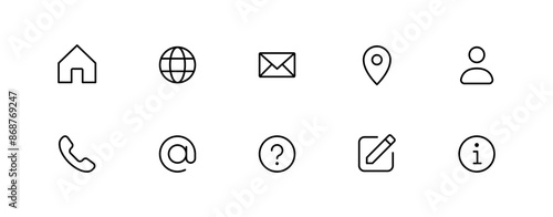 Contact us icon set. Web icons , home, call, location, globe, world, message, mail, envelope, address, user, question mark, website, icon - Contact information icons for business card. Editable stroke