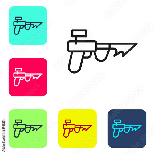 Black line Fishing harpoon icon isolated on white background. Fishery manufacturers for catching fish under water. Diving underwater equipment. Set icons in color square buttons. Vector