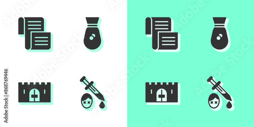 Set Sword with blood, Decree, parchment, scroll, Medieval castle gate and Old money bag icon. Vector