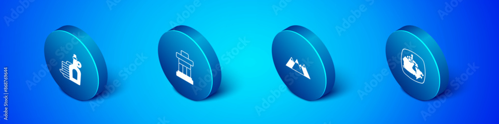 Set Isometric Syrup with pancakes, Mountains, Canada map and Inukshuk icon. Vector Set Isometric Syrup with pancakes, Mountains, Canada map and Inukshuk icon. Vector