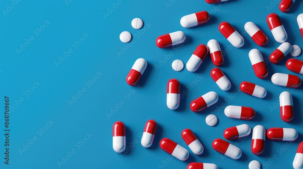 Red and white capsules and tablets scattered on blue background. Red and white capsules and tablets scattered on blue background.