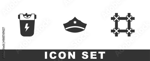 Set Police electric shocker, cap with cockade and Prison window icon. Vector