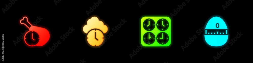 Set Food time, Clock, Time zone clocks and Kitchen timer icon. Vector Set Food time, Clock, Time zone clocks and Kitchen timer icon. Vector