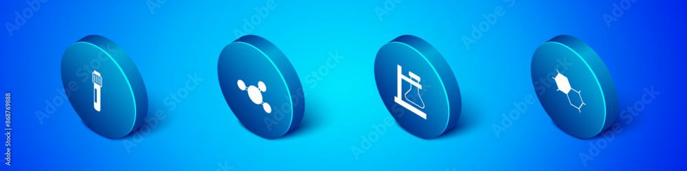 Set Isometric Test tube, flask on stand, Chemical formula and Molecule icon. Vector Set Isometric Test tube, flask on stand, Chemical formula and Molecule icon. Vector