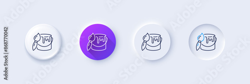 Paint brush line icon. Neumorphic, Purple gradient, 3d pin buttons. Wall paintbrush sign. Tin of acrylic paint symbol. Line icons. Neumorphic buttons with outline signs. Vector