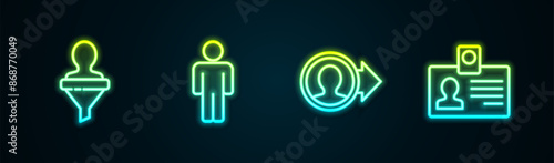 Set line Head hunting, User of man, Create account screen and Identification badge. Glowing neon icon. Vector