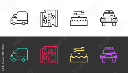 Set line Delivery cargo truck, Broken road, Boat with oars and Police and flasher on black and white. Vector