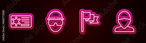 Set line Police badge, Special forces soldier, Location marker and Vandal. Glowing neon icon. Vector