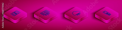 Set Isometric line Cryptocurrency bitcoin, Server, cloud mining and USB flash drive icon. Vector