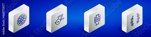 Set Isometric line Old wooden wheel, Ancient chariot, amphorae and Laurel wreath icon. Vector