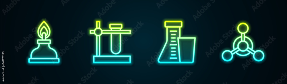 Set line Alcohol or spirit burner, Test tube flask on stand, and Molecule. Glowing neon icon. Vector Set line Alcohol or spirit burner, Test tube flask on stand, and Molecule. Glowing neon icon. Vector