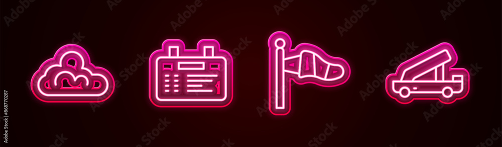 Set line Cloud weather, Airport board, Cone meteorology windsock and Passenger ladder. Glowing neon icon. Vector Set line Cloud weather, Airport board, Cone meteorology windsock and Passenger ladder. Glowing neon icon. Vector