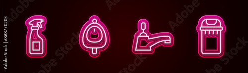 Set line Cleaning spray bottle, Toilet urinal or pissoir, Water tap and Trash can. Glowing neon icon. Vector