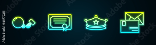 Set line Ball on chain, Certificate template, Police cap with cockade and Envelope. Glowing neon icon. Vector