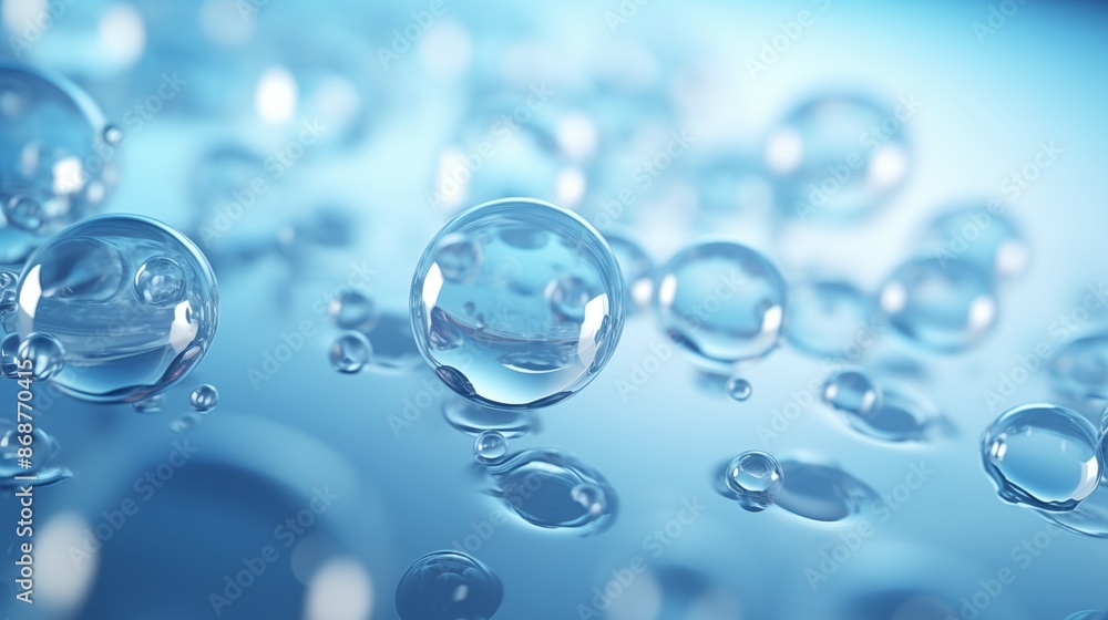Abstract glass molecules floating in blue fluid background with selective focus - environment, water or clean energy concept Abstract glass molecules floating in blue fluid background with selective focus - environment, water or clean energy concept