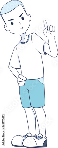 Serious little boy shaking finger to warn line illustration