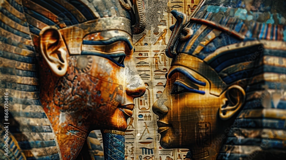 Old Egyptian papyrus with pharaoh and queen