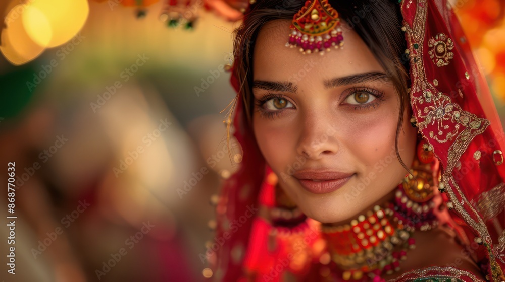 A close-up portrait of a young woman in traditional bridal attire. A close-up portrait of a young woman in traditional bridal attire.