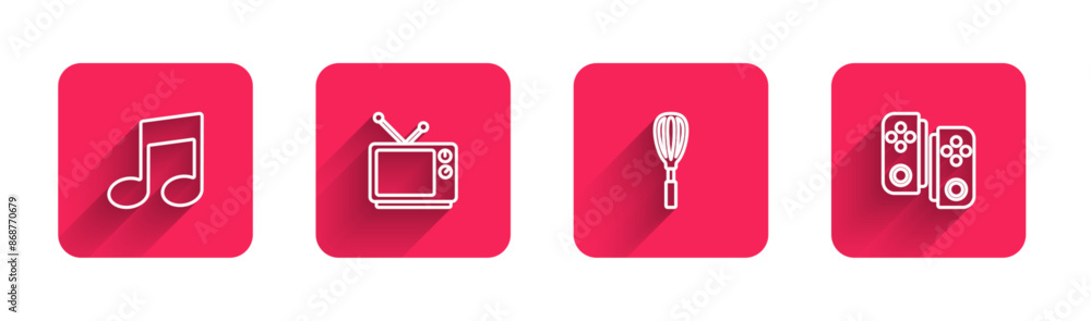 Set line Music note, tone, Retro tv, Kitchen whisk and Gamepad with long shadow. Red square button. Vector