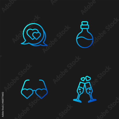 Set line Glass of champagne, Heart shaped love glasses, in speech bubble and Bottle with potion. Gradient color icons. Vector