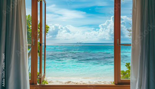 Luxury beautiful interior design on beach resort, window view from bathroom on clear blue sea, summer vacation on Maldives © Oleksiy