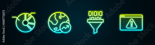 Set line Pie chart infographic, Financial growth, Binary code and Browser with exclamation mark. Glowing neon icon. Vector