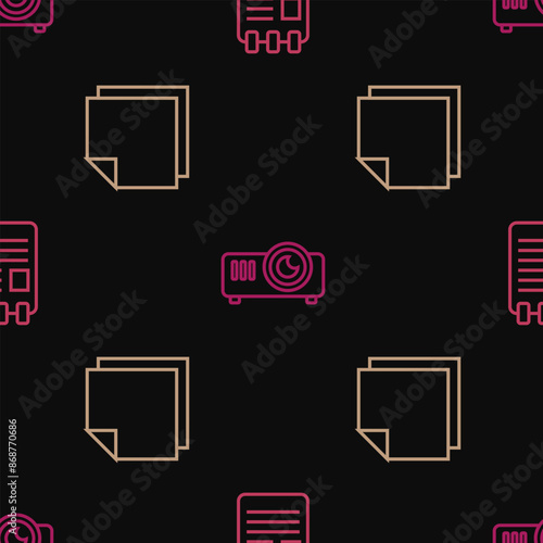 Set line Spiral notebook, Post stickers and Movie, film, media projector on seamless pattern. Vector