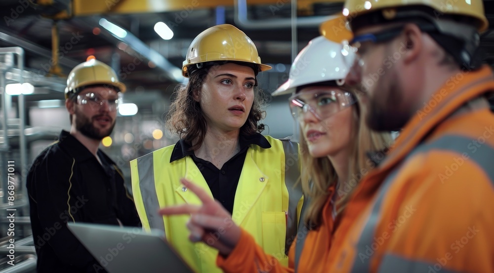 Group of workers in high-visibility clothing and hard hats discussing at an industrial site Group of workers in high-visibility clothing and hard hats discussing at an industrial site