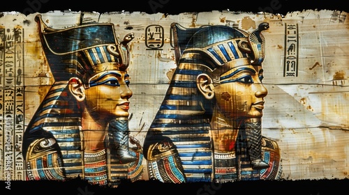 Obraz na płótnie Old Egyptian papyrus with pharaoh and queen w salonie