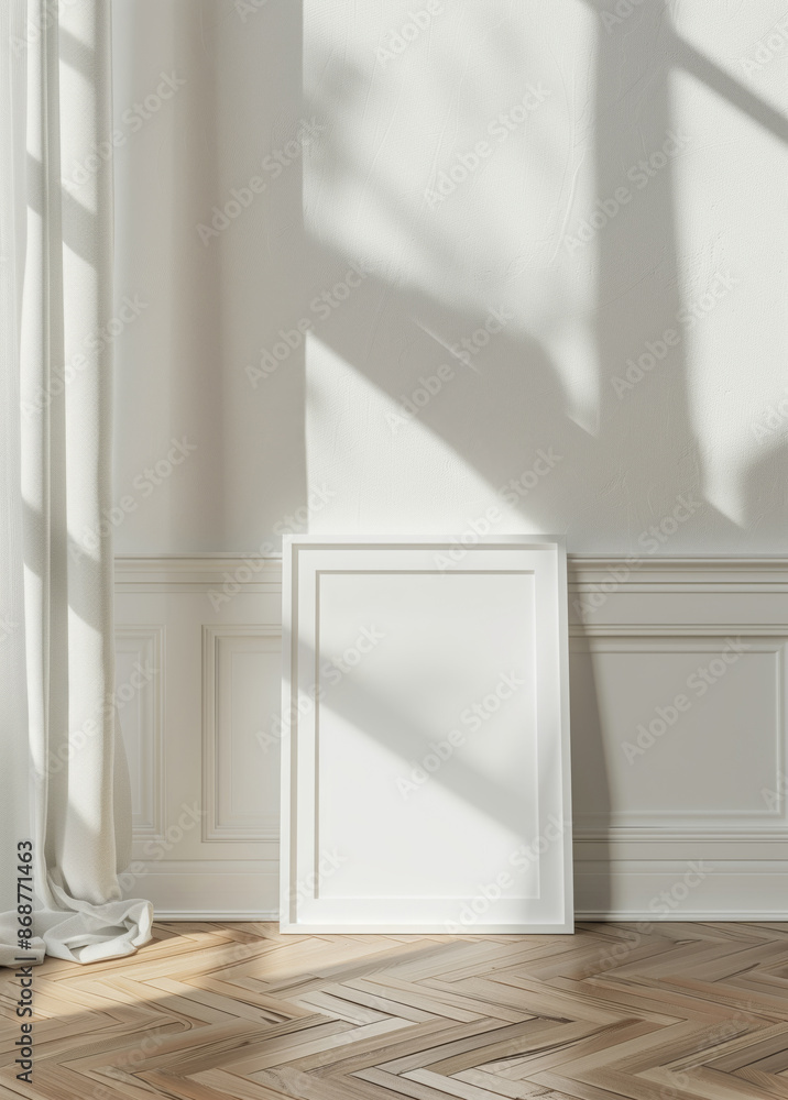 Blank mockup white frame in modern minimalist interior in pastel colors Blank mockup white frame in modern minimalist interior in pastel colors