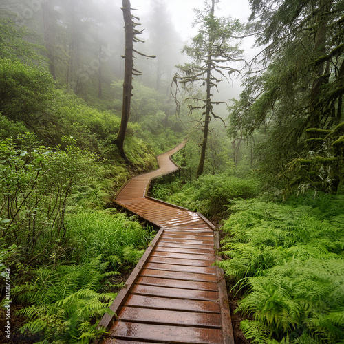 A narrow and winding boardwalk in the middle of a lush and dense forest on a rainy day.