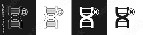 Set No GMO icon isolated on black and white background. Genetically modified organism acronym. Dna food modification. Vector