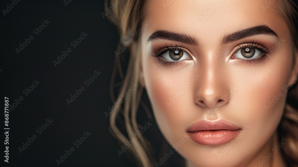 Fototapeta premium Close-up portrait of a woman with glowing skin and intense gaze.