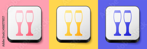 Isometric Bowling pin icon isolated on pink, yellow and blue background. Juggling clubs, circus skittles. Square button. Vector