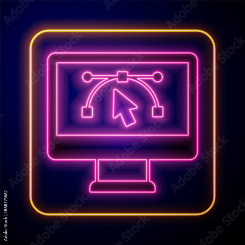 Glowing neon Computer display with vector design program icon isolated on isolated on black background. Photo editor software with user interface. Vector